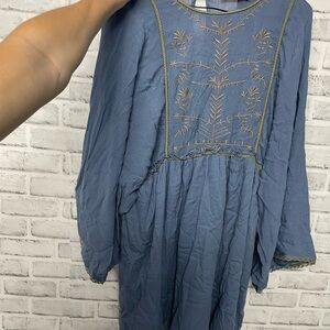 Suzanne Betro Blue and Tan Embroidered Dress